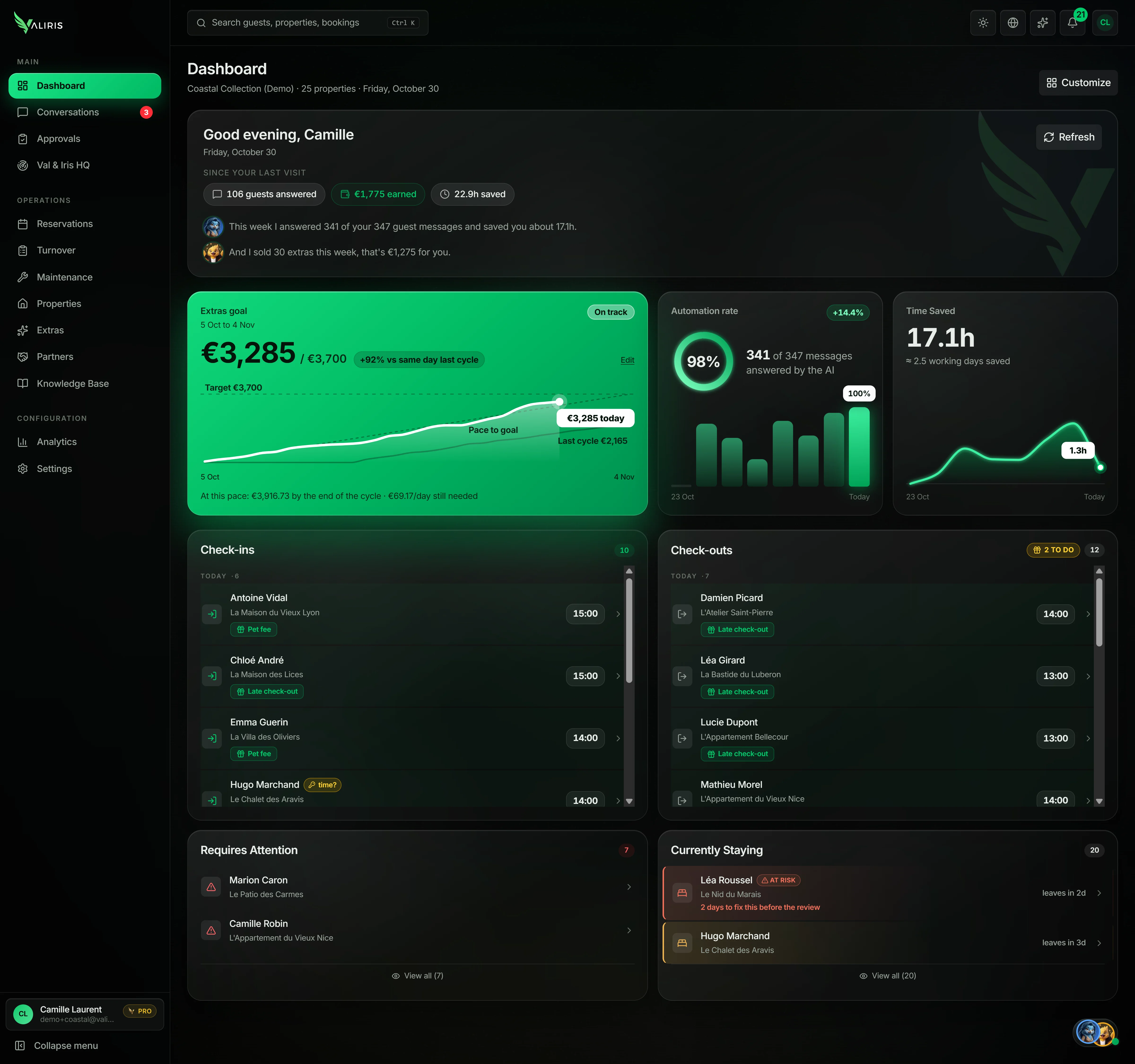 VALIRIS dashboard: extras target, recap from Iris and Val, arrivals and departures