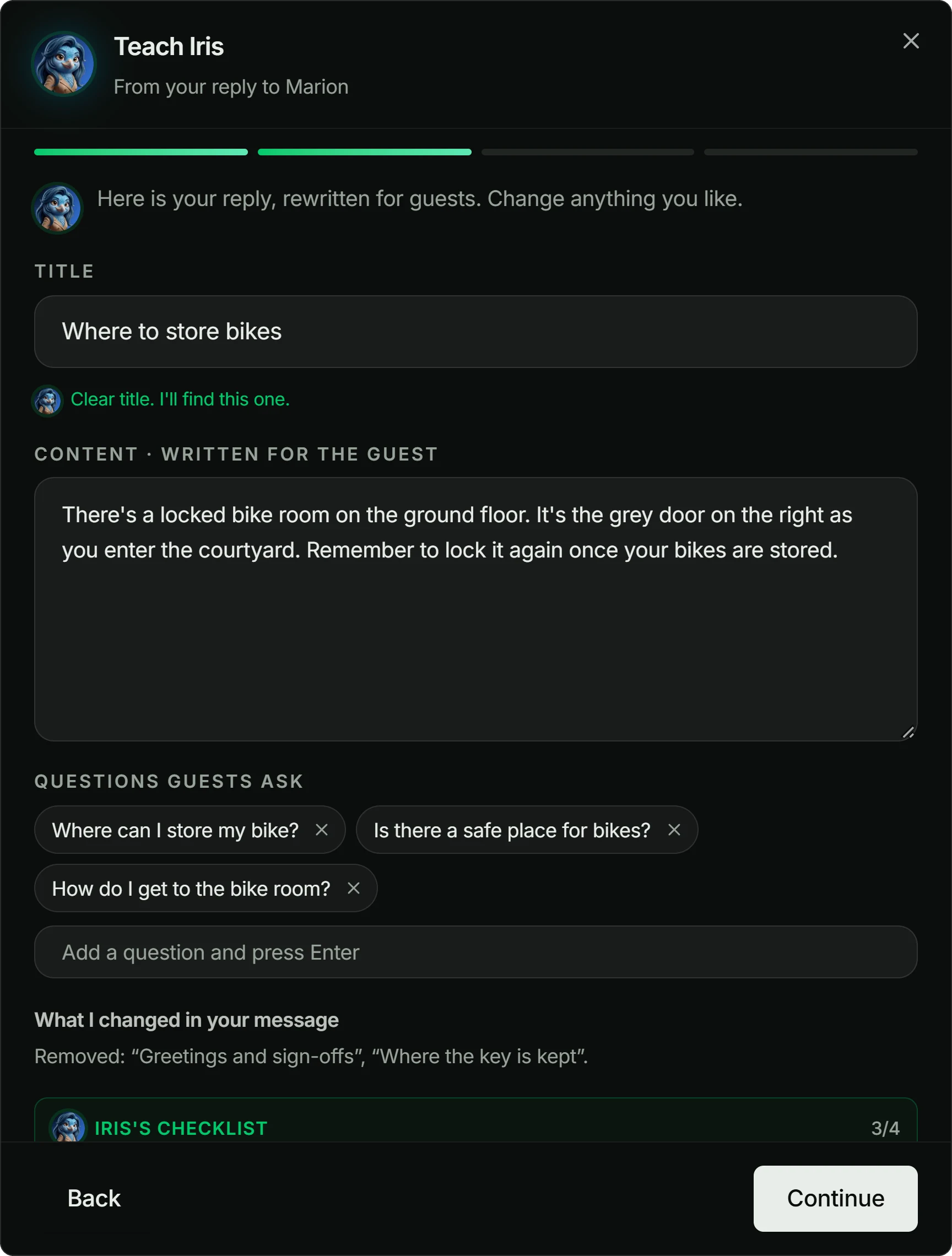 Teach Iris, step 2: the reply rewritten for guests