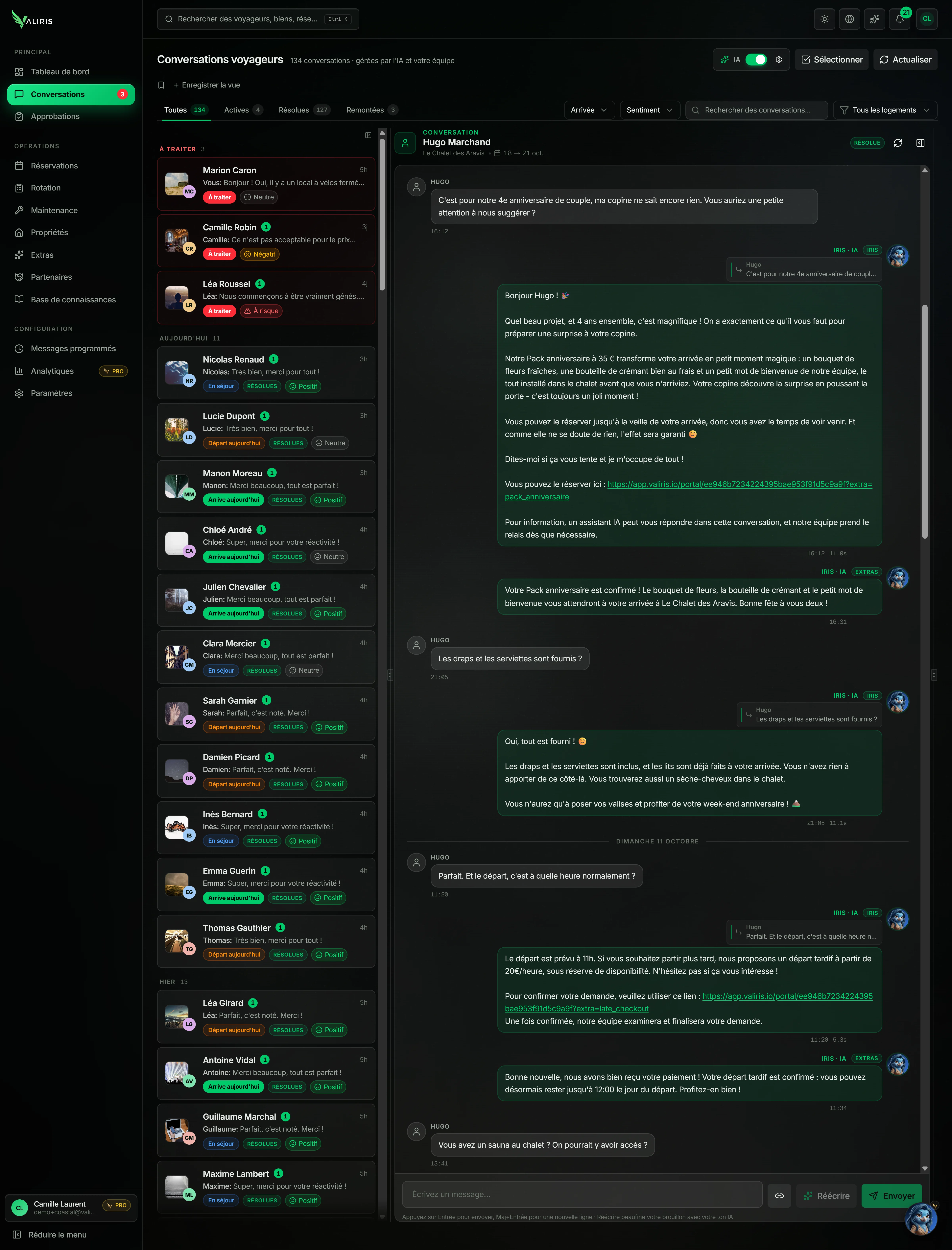 Conversations VALIRIS : Iris propose le Pack anniversaire puis le départ tardif à Hugo