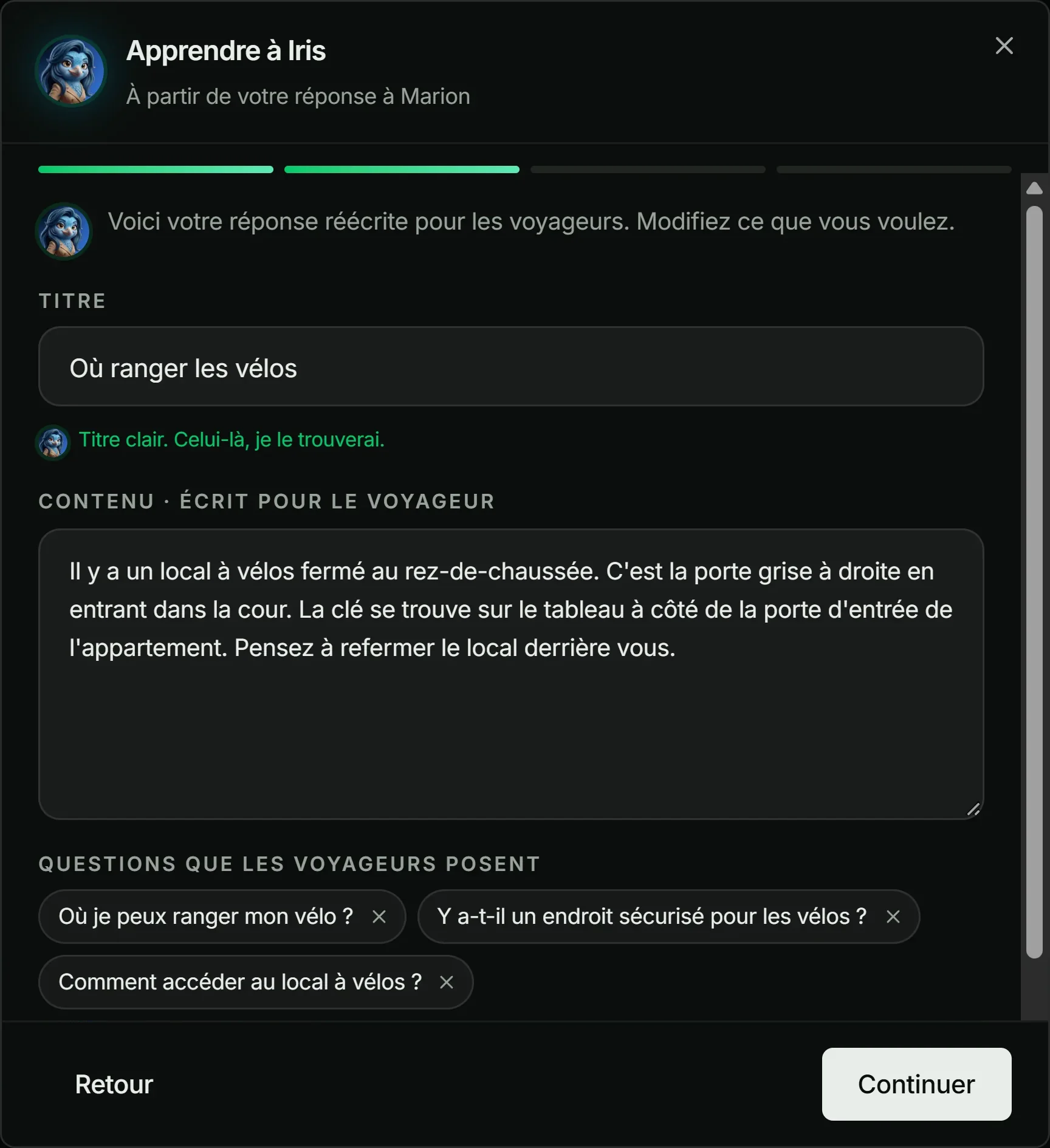 Apprendre à Iris, étape 2 : la réponse réécrite pour les voyageurs
