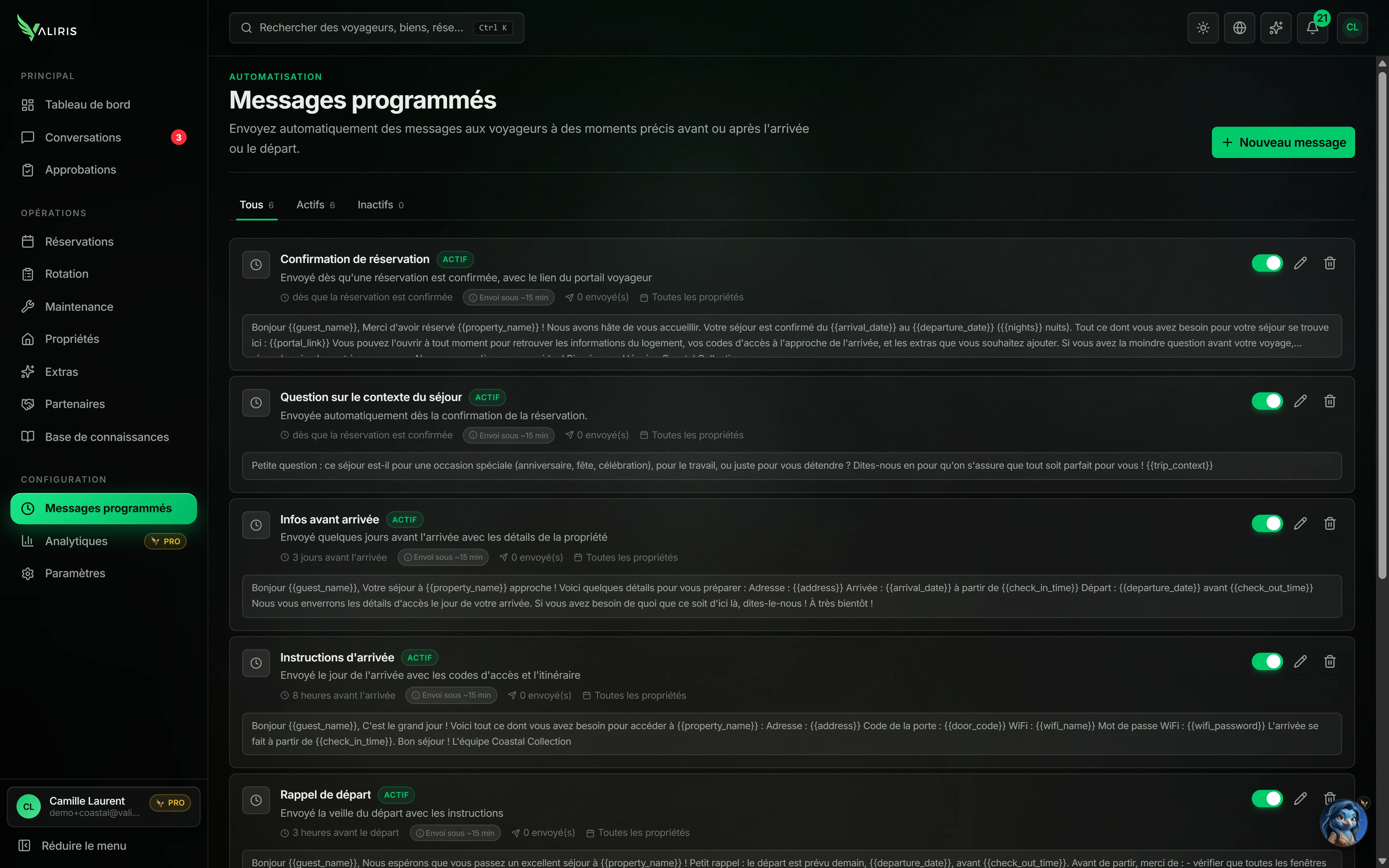 Capture de Valiris : messages programmés
